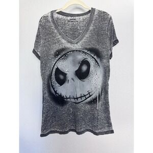 Disneyland Jack Skellington Rhinestone V-Neck‎ Tee Gray Distressed Women's L